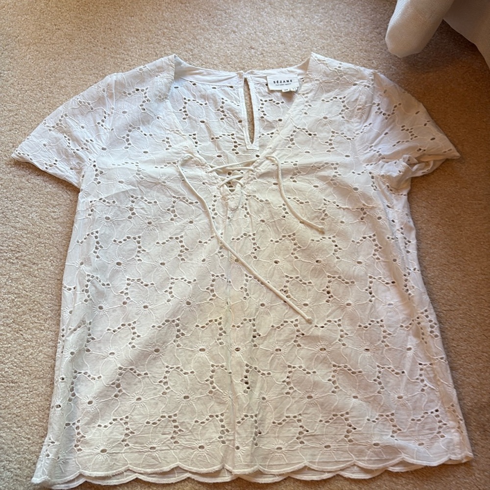 Sezane White Tie Front Blouse with V-Neck